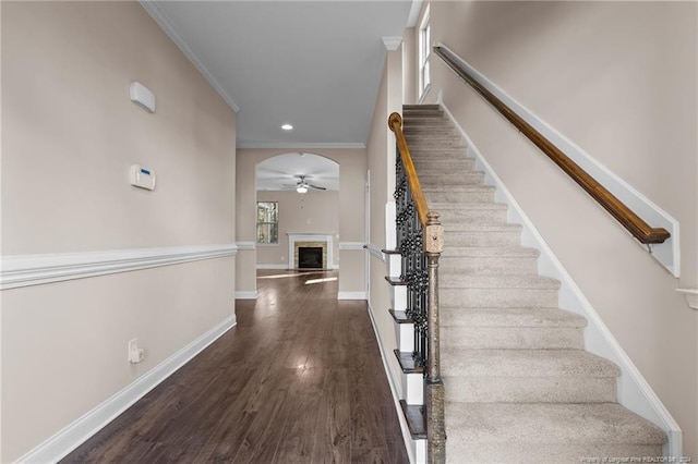 stairway featuring wood-type flooring, ornamental molding, and ceiling fan