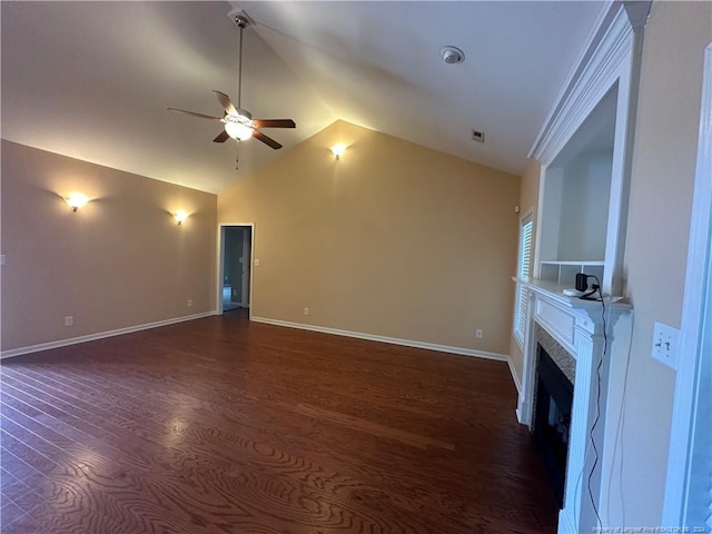 unfurnished living room with ceiling fan, lofted ceiling, and dark hardwood / wood-style floors