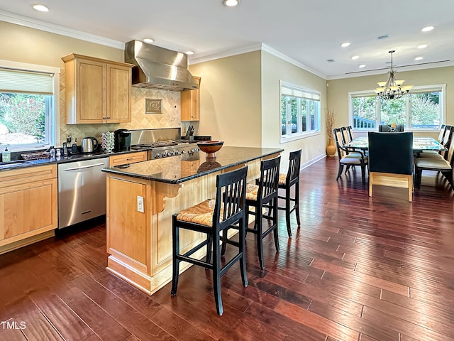 kitchen featuring wall chimney exhaust hood, a healthy amount of sunlight, stainless steel appliances, and dark wood-type flooring