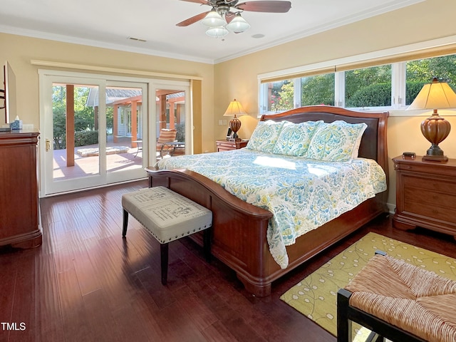 bedroom featuring ceiling fan, ornamental molding, dark hardwood / wood-style floors, and access to exterior