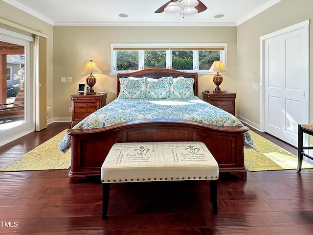 bedroom with ornamental molding, access to exterior, dark hardwood / wood-style floors, and ceiling fan