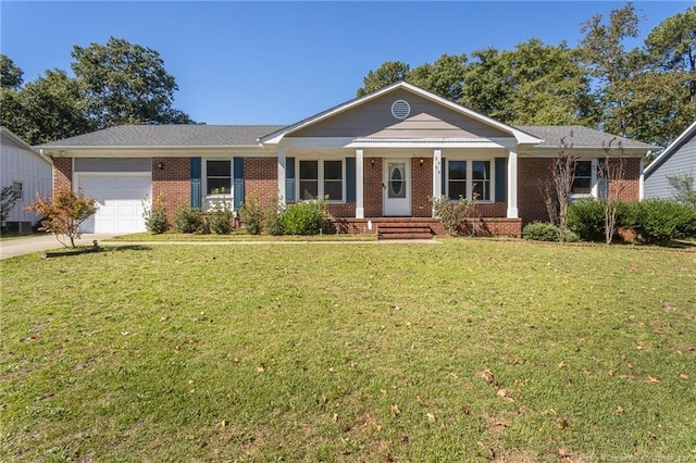 ranch-style home with a garage, a porch, and a front lawn