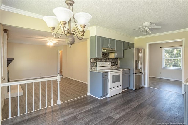 kitchen featuring light stone counters, stainless steel refrigerator with ice dispenser, dark hardwood / wood-style floors, and electric range