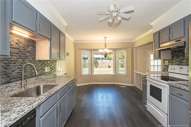 kitchen with sink, dark hardwood / wood-style flooring, decorative backsplash, and white range with electric stovetop