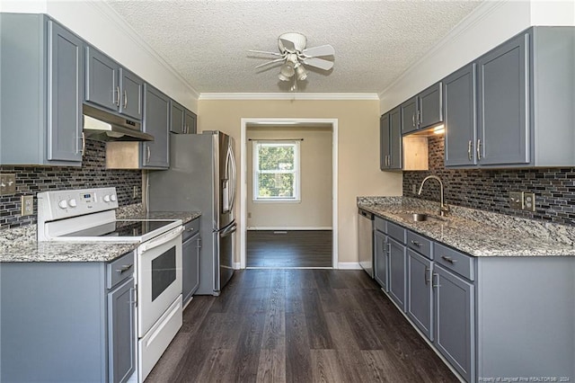 kitchen featuring gray cabinetry, dark wood-type flooring, sink, stainless steel appliances, and a textured ceiling