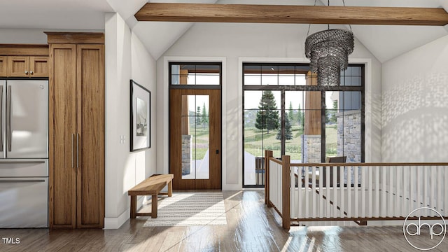 entryway with beam ceiling, a chandelier, and hardwood / wood-style floors