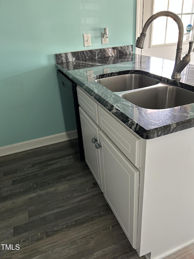 kitchen with white cabinetry, sink, dark wood-type flooring, and dishwashing machine