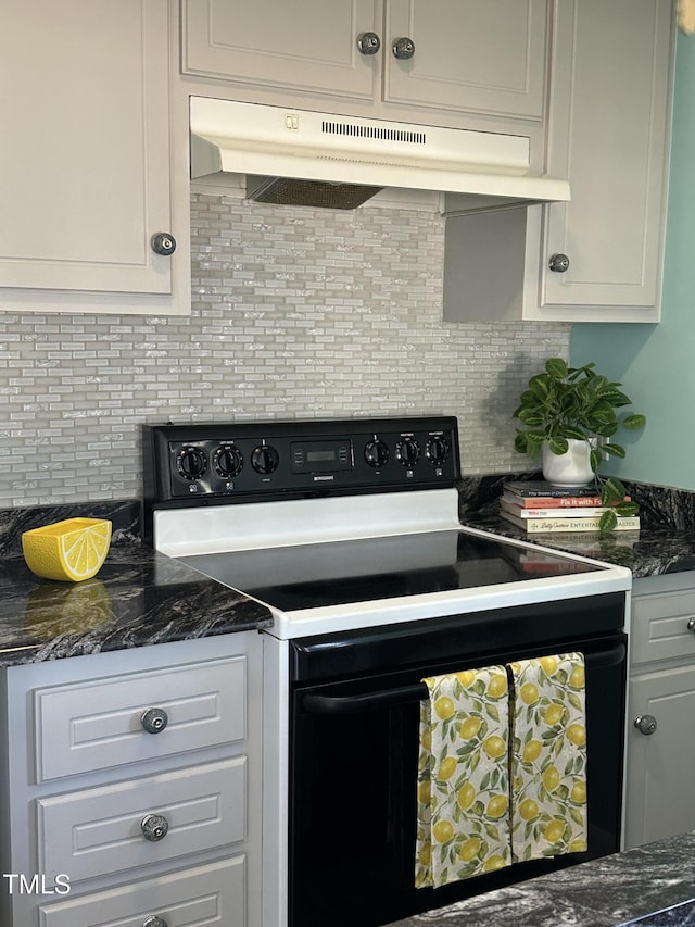 kitchen featuring under cabinet range hood, black range with electric cooktop, white cabinets, and backsplash