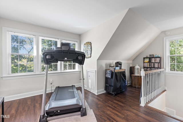 exercise area featuring lofted ceiling and dark hardwood / wood-style floors