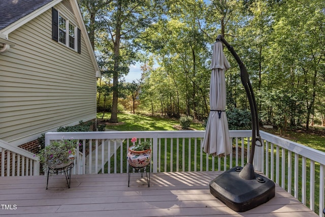 wooden terrace featuring a lawn