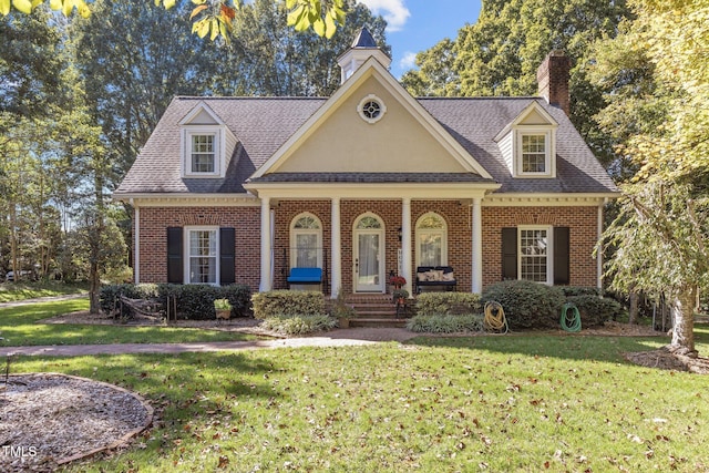 new england style home with a front lawn and covered porch