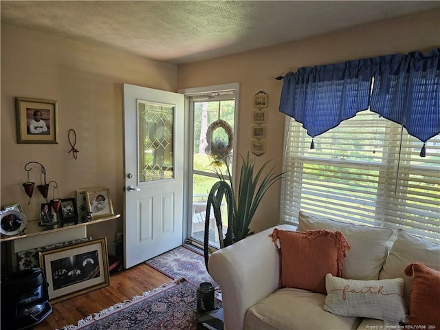 foyer featuring hardwood / wood-style flooring and a textured ceiling