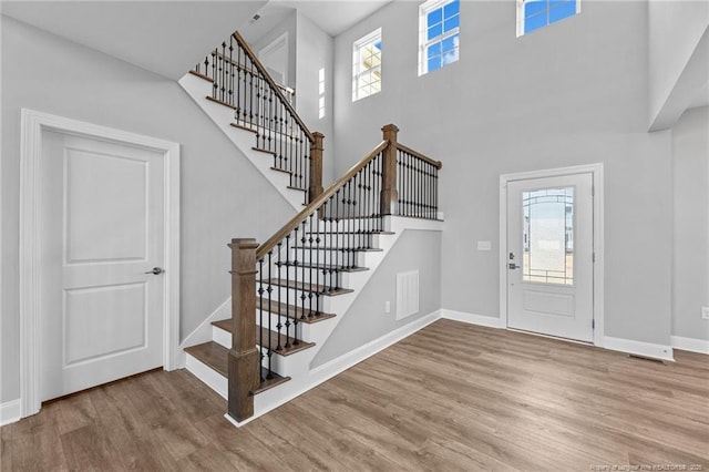 entryway featuring wood-type flooring, a high ceiling, and plenty of natural light