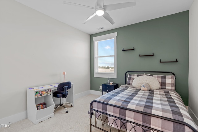 bedroom featuring ceiling fan, carpet, visible vents, and baseboards