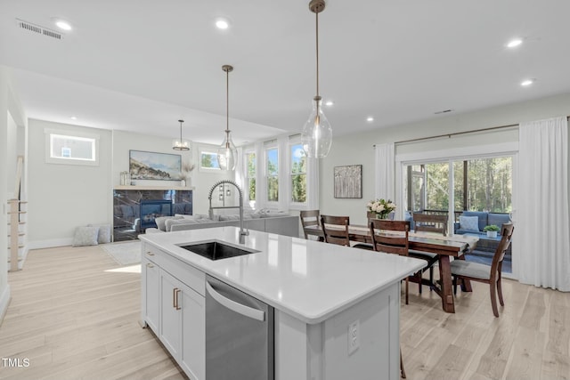 kitchen with stainless steel dishwasher, a premium fireplace, light wood-type flooring, and a sink