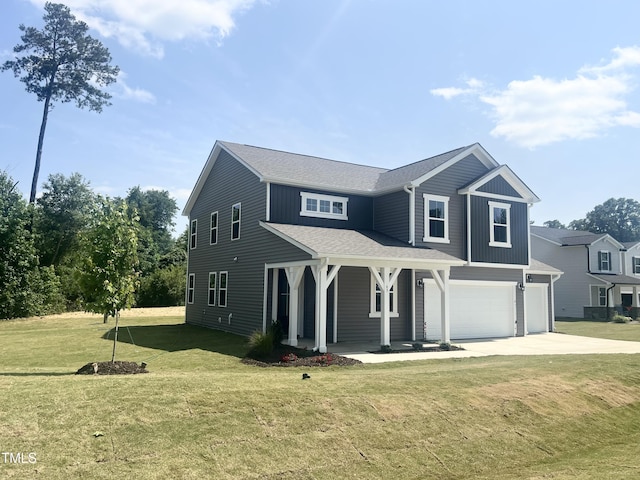 63 Lynn Crest Way, Four Oaks, NC 27524 - traditional home with covered porch, driveway, an attached garage, a front lawn, and a shingled roof