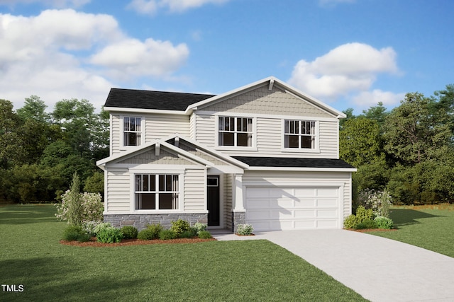 craftsman-style house featuring a garage and a front lawn