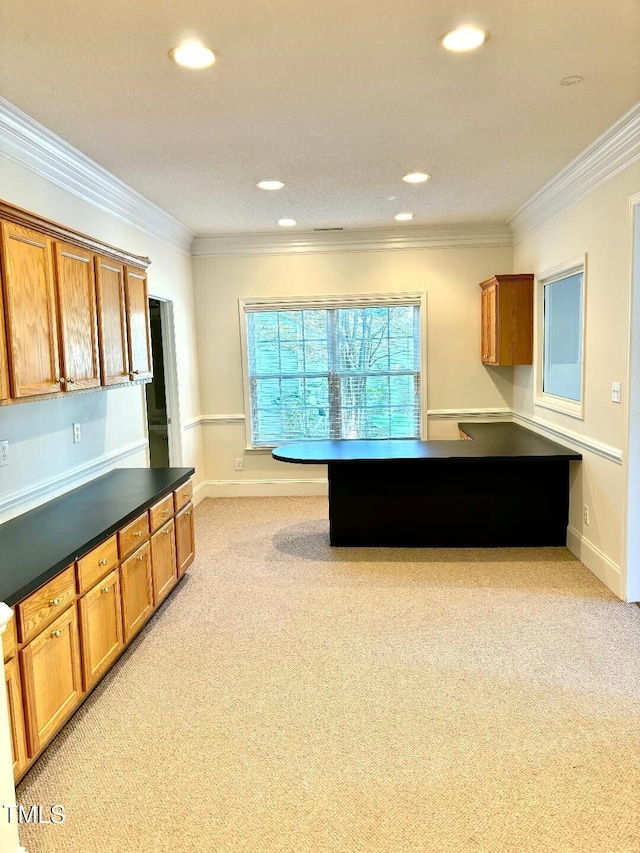 kitchen with light colored carpet and crown molding