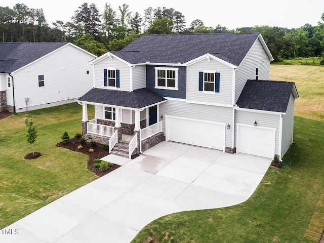 456 Barbour Farm Ln, Four Oaks, NC 27524 - view of front of property featuring a porch, roof with shingles, an attached garage, concrete driveway, and a front yard