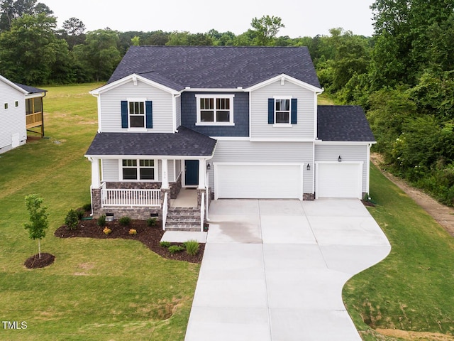 456 Barbour Farm Ln, Four Oaks, NC 27524 - view of front of property featuring roof with shingles, covered porch, driveway, a garage, and a front lawn