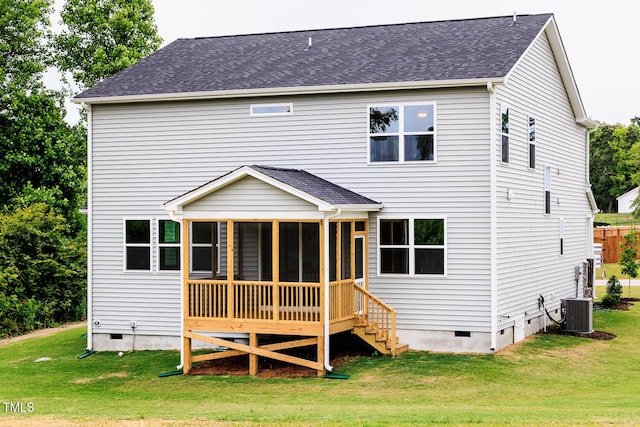 456 Barbour Farm Ln, Four Oaks, NC 27524 - rear view of house with crawl space, a sunroom, a lawn, and central AC unit