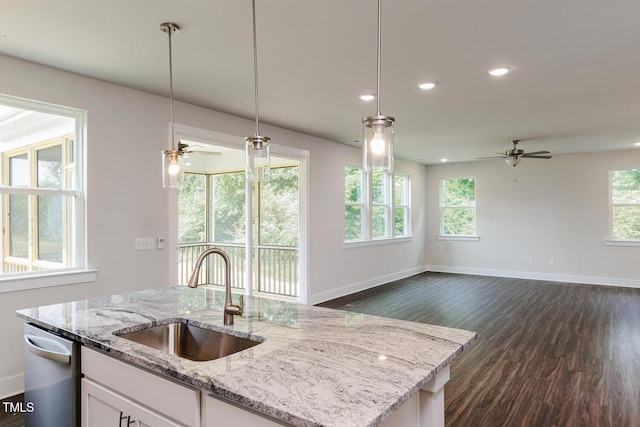 456 Barbour Farm Ln, Four Oaks, NC 27524 - kitchen with a sink, stainless steel dishwasher, a ceiling fan, white cabinets, and open floor plan