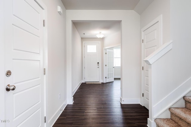 456 Barbour Farm Ln, Four Oaks, NC 27524 - entryway featuring dark wood-style floors, baseboards, and stairs