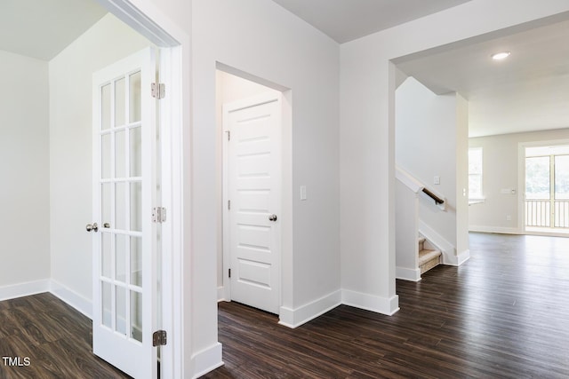 456 Barbour Farm Ln, Four Oaks, NC 27524 - hallway featuring dark wood finished floors, baseboards, stairs, and recessed lighting