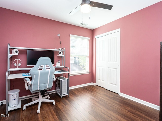 home office with ceiling fan and dark hardwood / wood-style floors