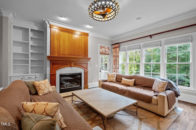 living room featuring light hardwood / wood-style floors, ornamental molding, and a large fireplace