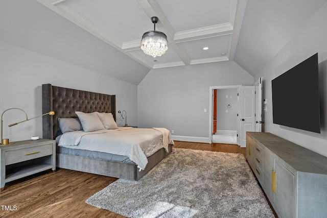 bedroom with an inviting chandelier, ornamental molding, lofted ceiling with beams, and dark wood-type flooring