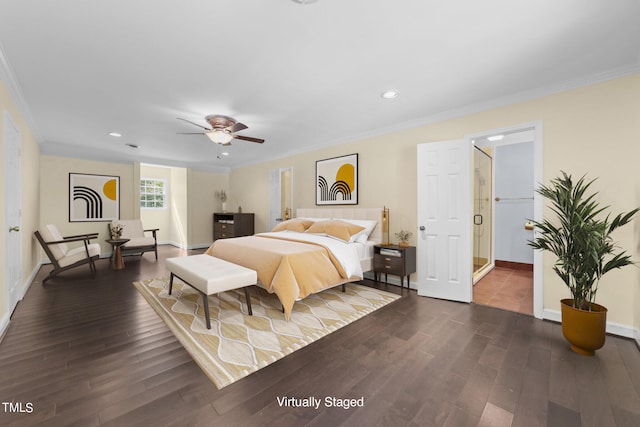 bedroom with crown molding, ceiling fan, and dark hardwood / wood-style floors