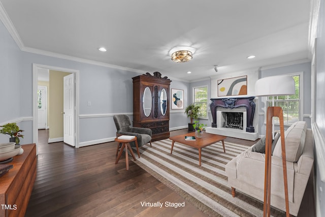 living room featuring crown molding and dark hardwood / wood-style flooring