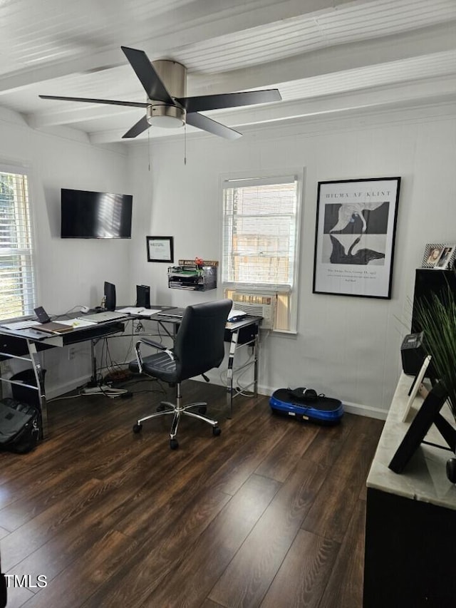 office area with baseboards, dark wood finished floors, ceiling fan, and beamed ceiling