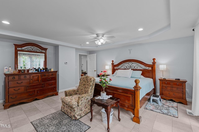 tiled bedroom with ceiling fan