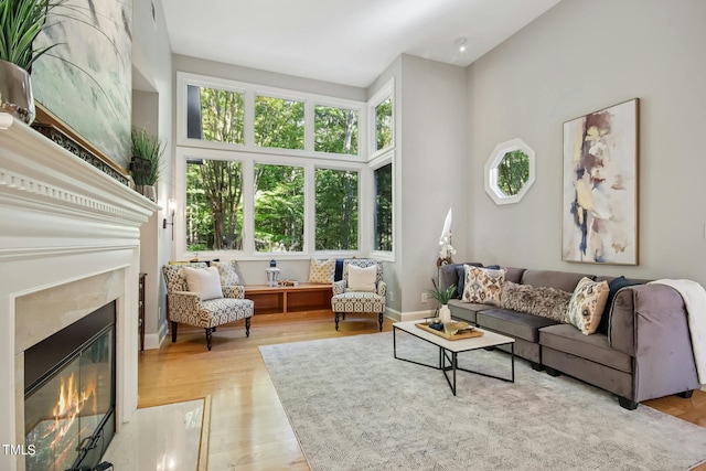 living room featuring a premium fireplace, light hardwood / wood-style flooring, and a high ceiling