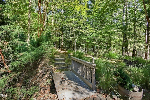 view of community featuring a forest view