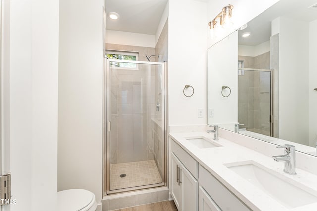full bath with a shower stall, toilet, a sink, and double vanity