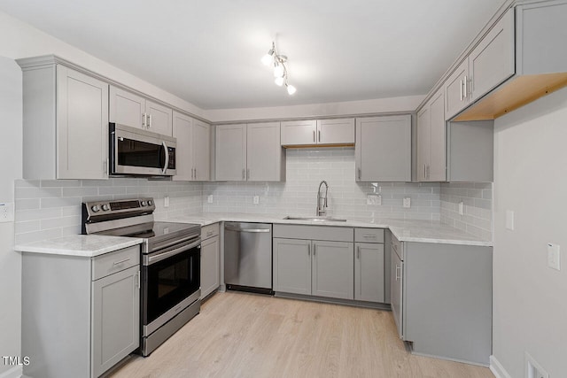 kitchen featuring gray cabinetry, tasteful backsplash, appliances with stainless steel finishes, sink, and light wood-type flooring