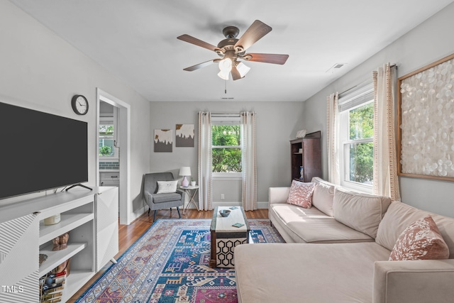 1209 Edgevale Rd, Durham, NC 27701 - living room featuring ceiling fan and wood finished floors