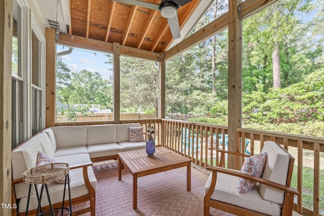 1209 Edgevale Rd, Durham, NC 27701 - sunroom with a ceiling fan, outdoor lounge area, vaulted ceiling, and healthy amount of natural light