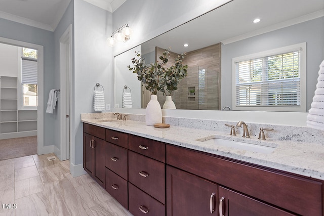 bathroom with vanity, plenty of natural light, ornamental molding, and walk in shower