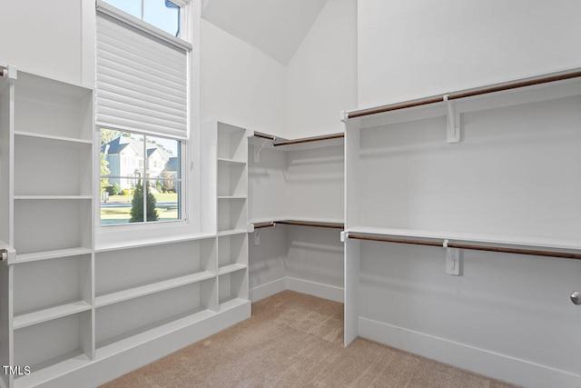 spacious closet with light carpet and lofted ceiling