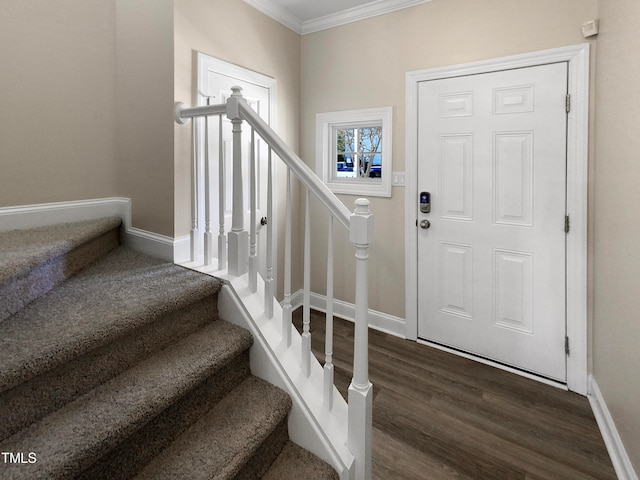 foyer featuring ornamental molding and dark hardwood / wood-style floors