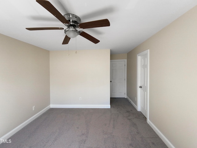 unfurnished room featuring ceiling fan and carpet