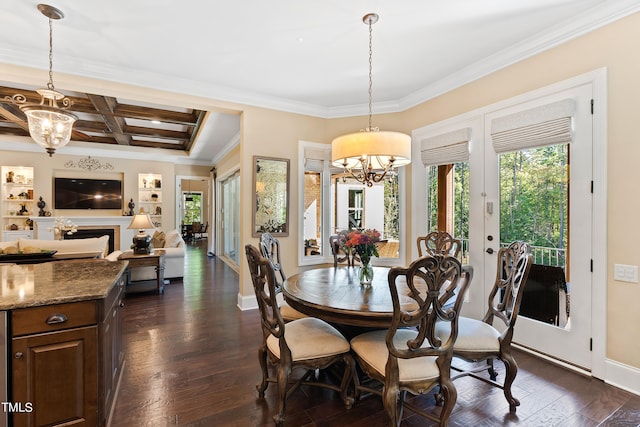 dining space with ornamental molding, beam ceiling, coffered ceiling, an inviting chandelier, and dark hardwood / wood-style flooring