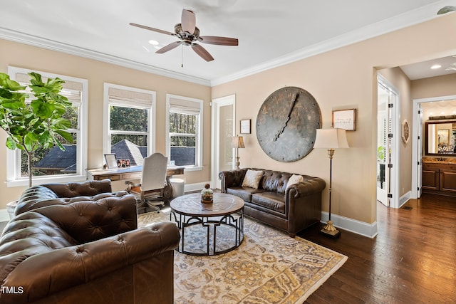 living room with crown molding, ceiling fan, and dark hardwood / wood-style floors