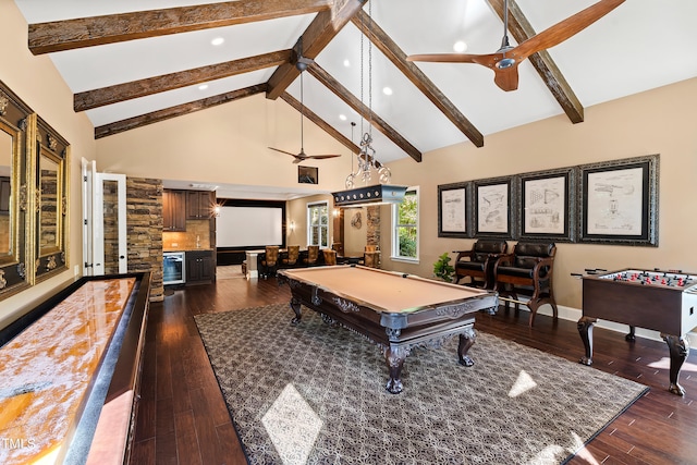 playroom featuring dark wood-type flooring, beamed ceiling, billiards, and high vaulted ceiling