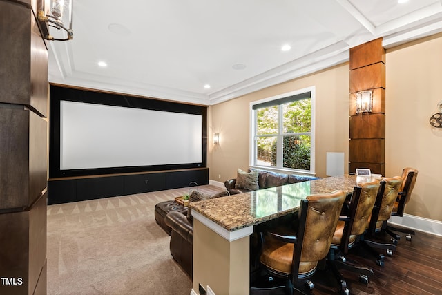 home theater room featuring dark hardwood / wood-style flooring