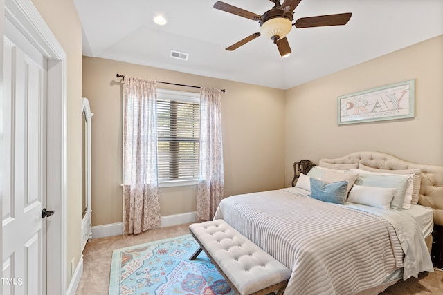 carpeted bedroom with ceiling fan